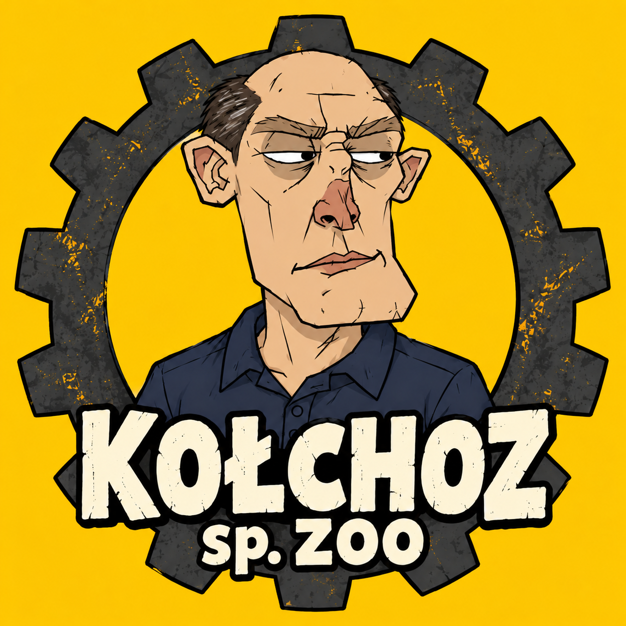 Szef z ironicznym uśmiechem na tle koła zębatego i logo KOŁCHOZ Sp ZOO