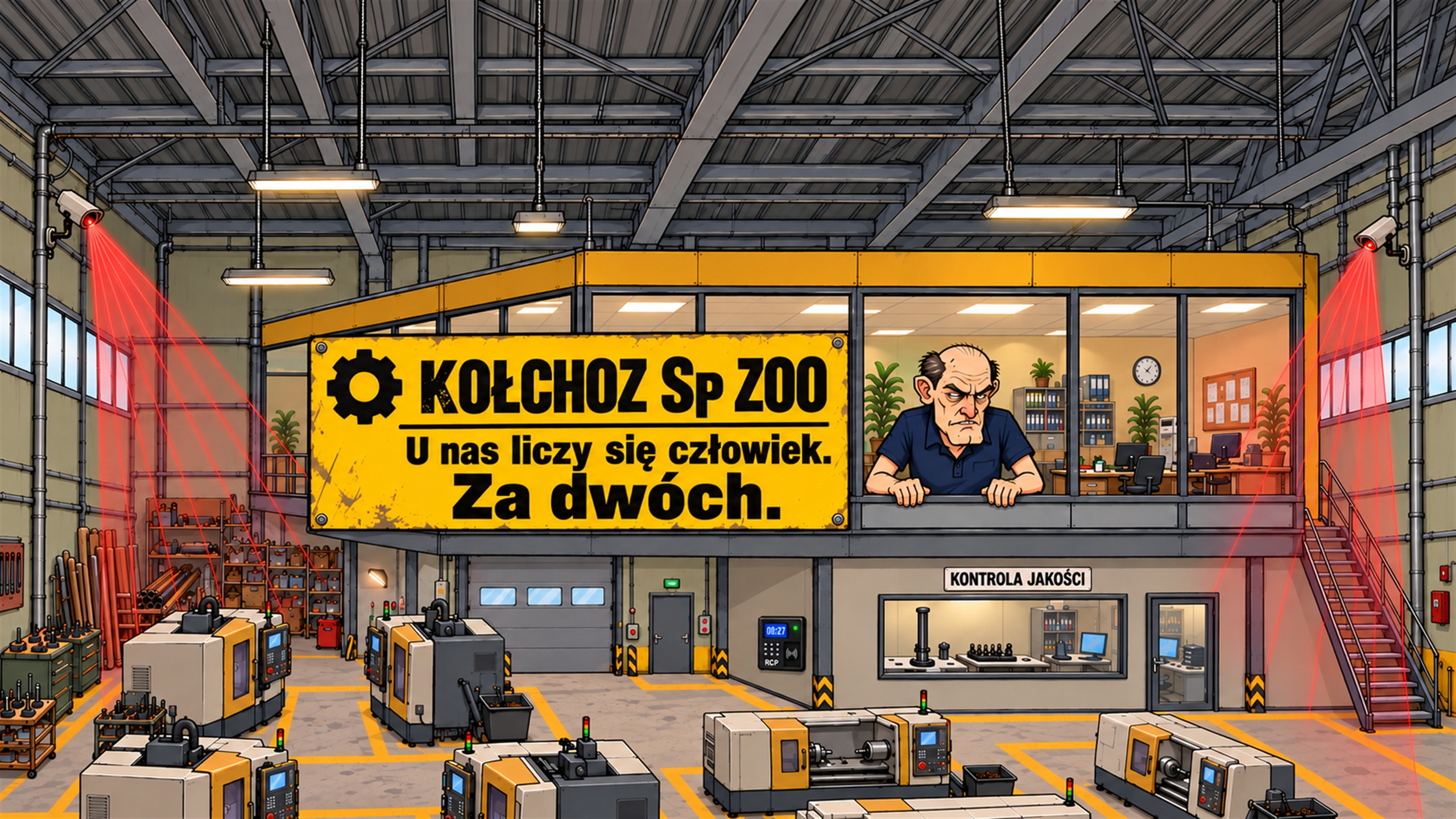 Kreskówkowa hala KOŁCHOZ Sp ZOO: przeszklone biuro nad produkcją, szef w oknie i kamery pilnujące zakładu